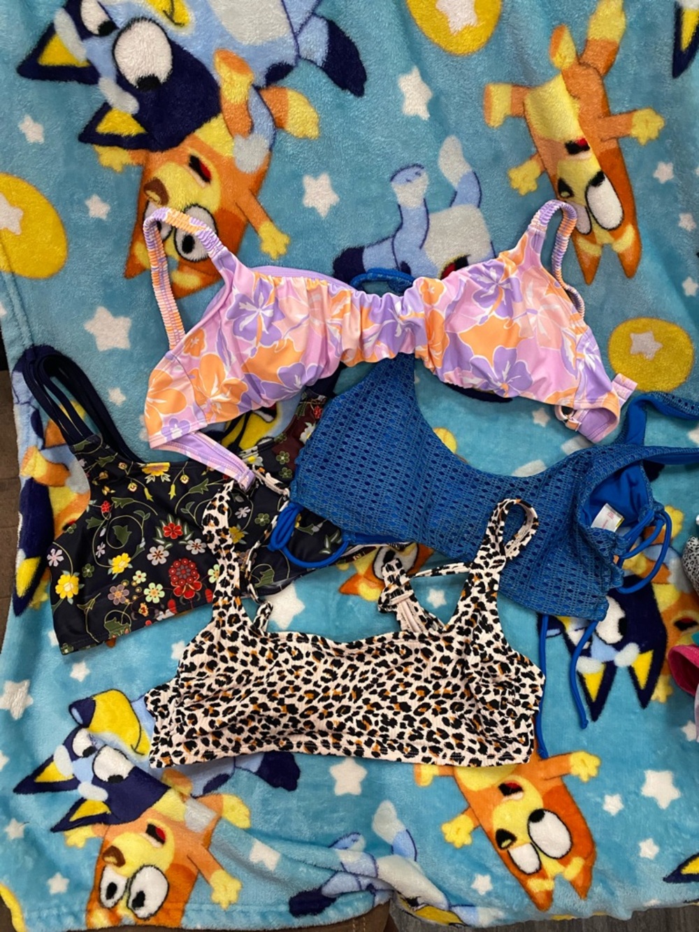 Mixed Bikini Tops Set - Floral, Blue Crochet, Leopard & Black Floral